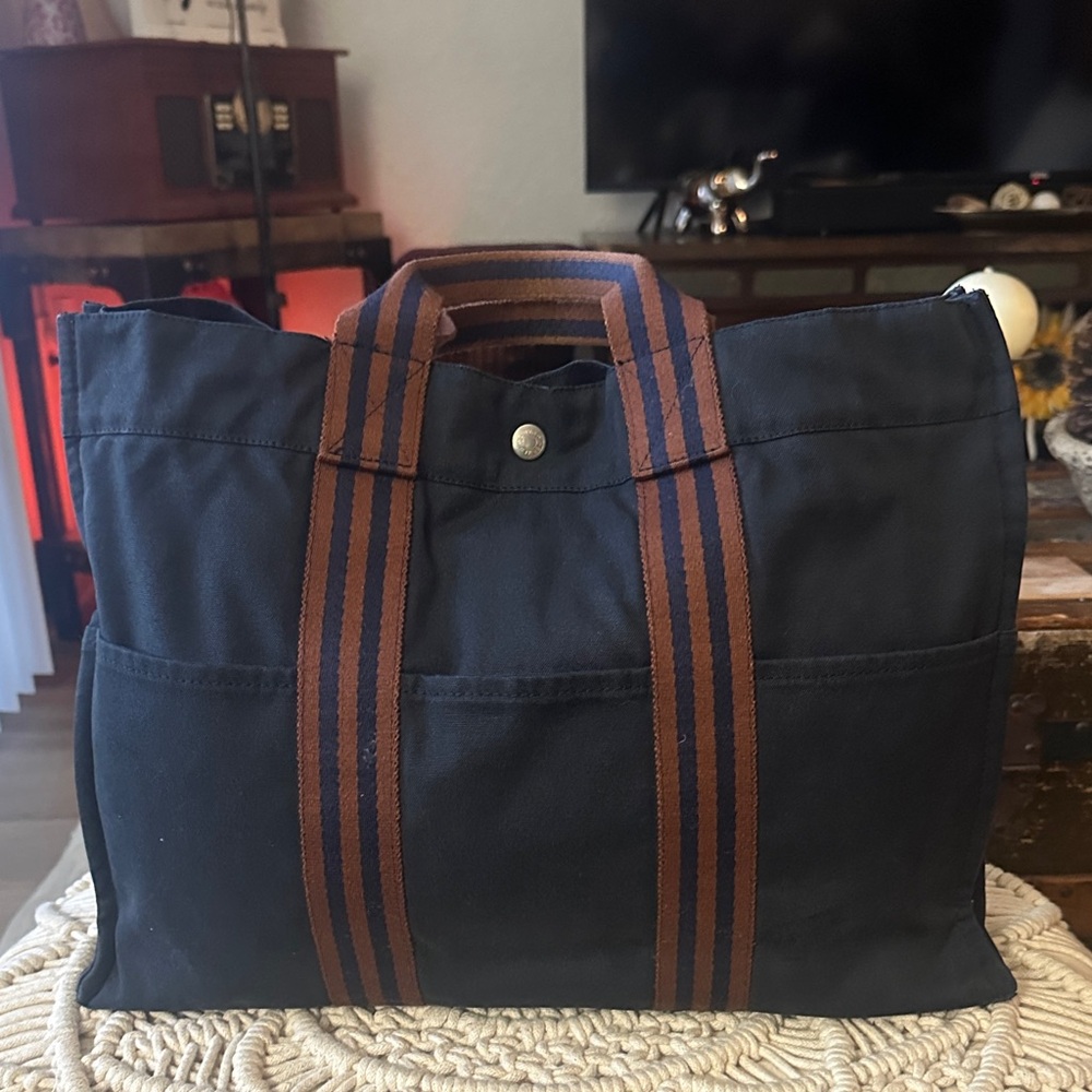 Hermes Blue Tote with Brown Stripes - Picture 9 of 12